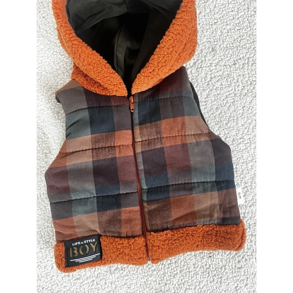 Style Baby Boy Vest 6 Months Checkered Sherpa Hooded Cottagecore Casual Fall